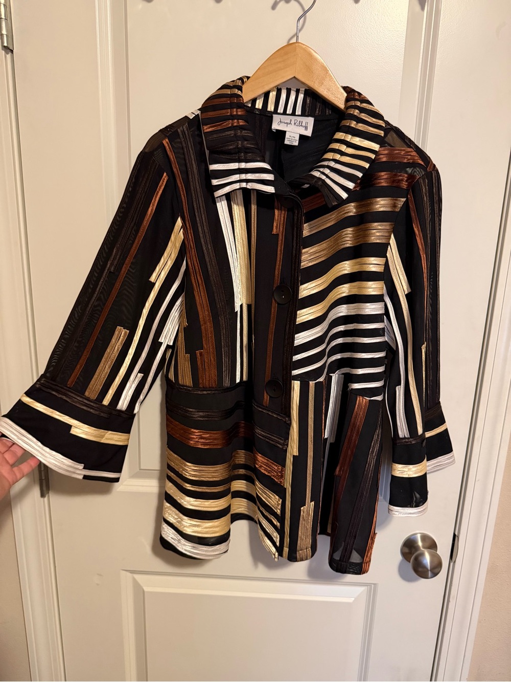 Joseph Ribkoff Black Jacket with Gold, Bronze & White Stripes